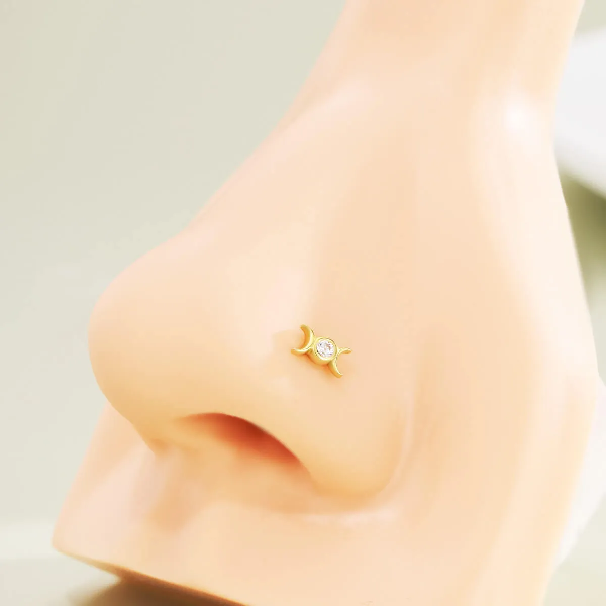 14K Solid Gold Moon Phase Clear CZ Top Flat Back Nose Stud