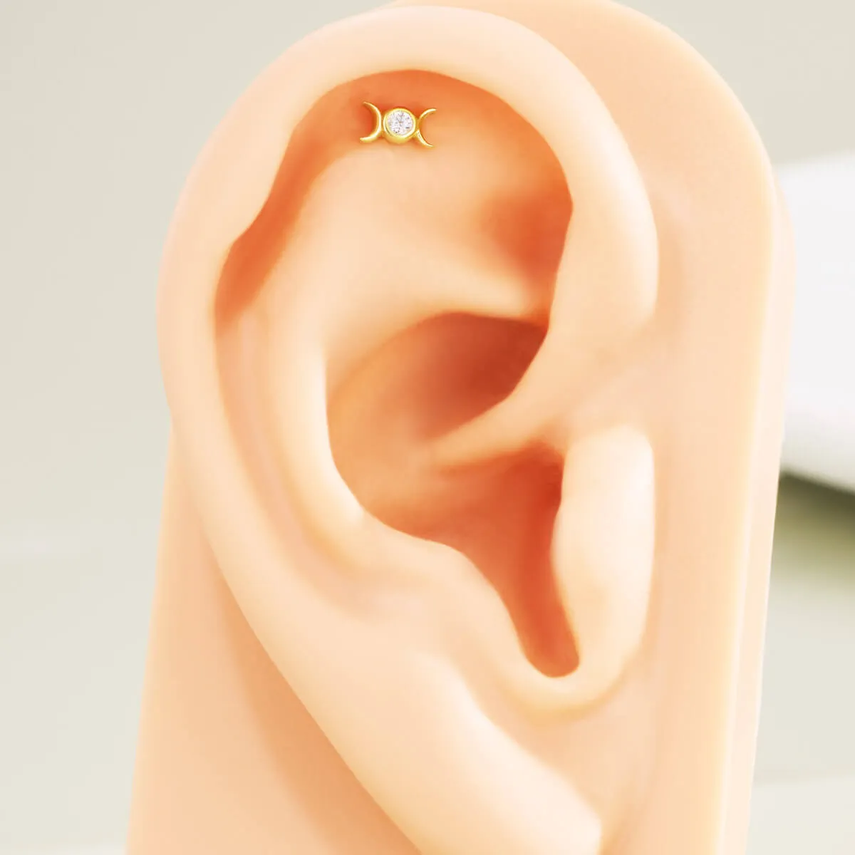 14K Solid Gold Moon Phase Clear CZ Top Flat Back Nose Stud