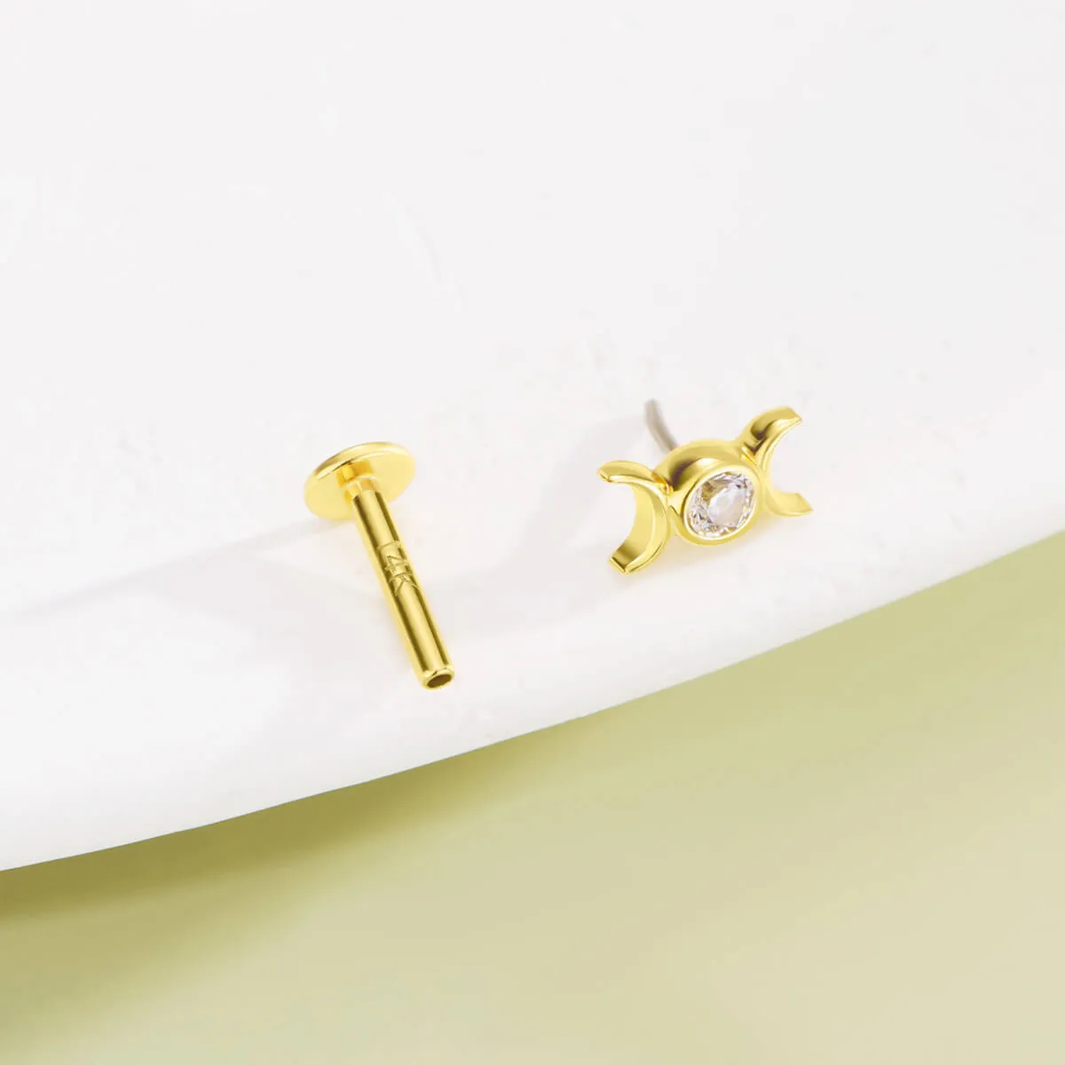 14K Solid Gold Moon Phase Clear CZ Top Flat Back Nose Stud