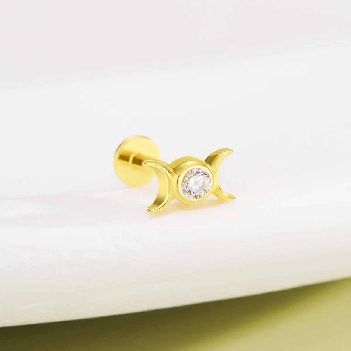 14K Solid Gold Moon Phase Clear CZ Top Flat Back Nose Stud