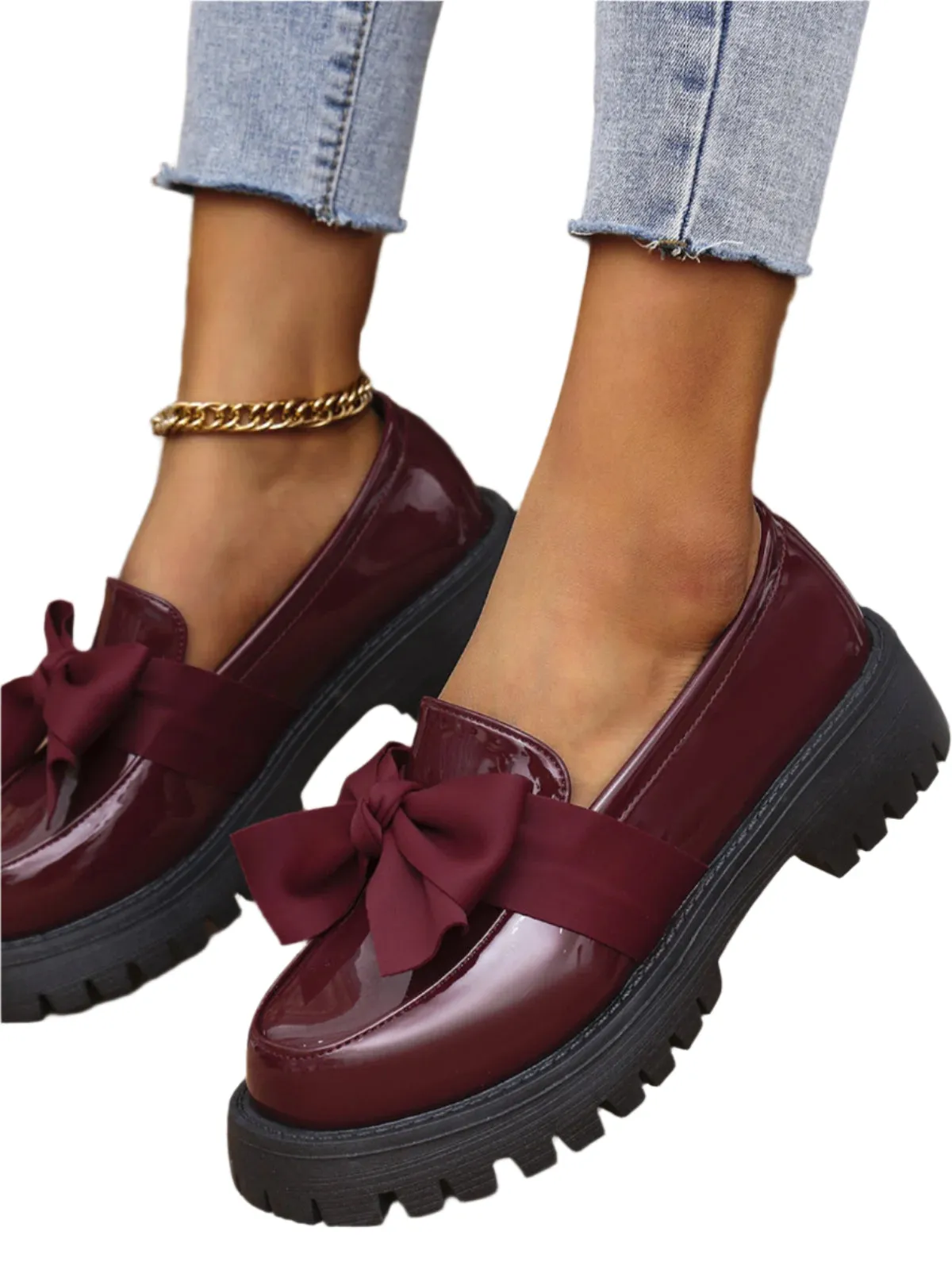 Bow PU Leather Round Toe Loafers