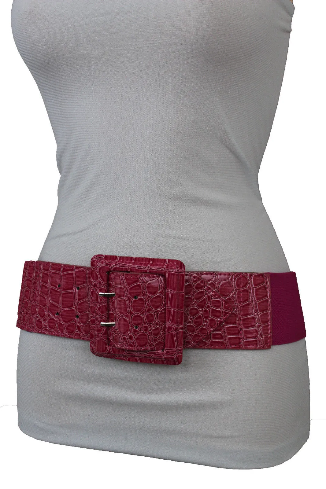 Crocodile Stamped Faux Leather Square Buckle Wide Waistband Belt