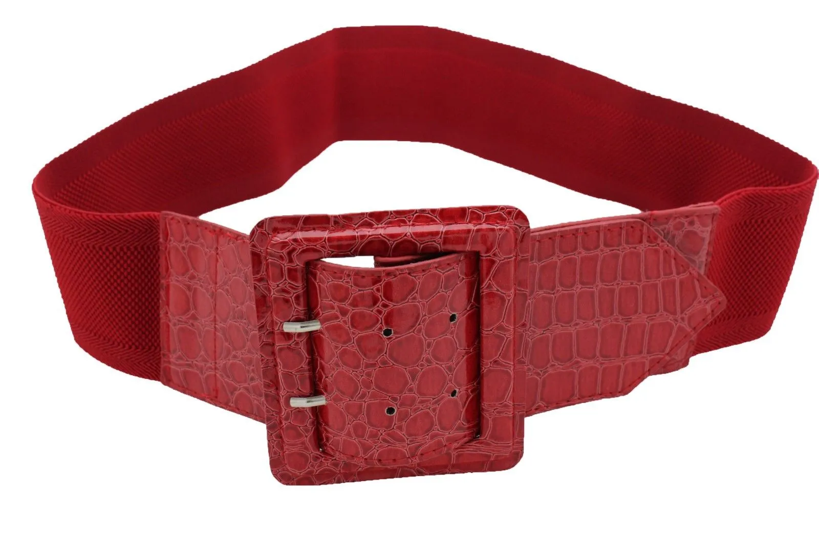 Crocodile Stamped Faux Leather Square Buckle Wide Waistband Belt
