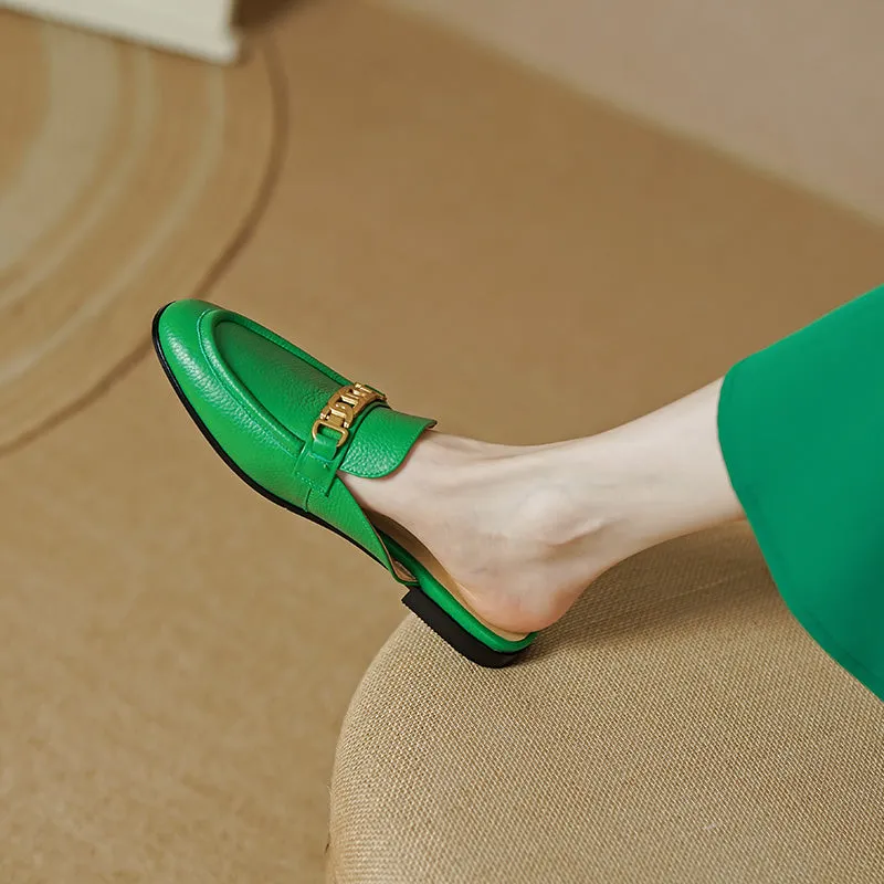 Eleni Green Leather Flat Mules