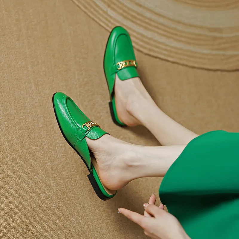 Eleni Green Leather Flat Mules