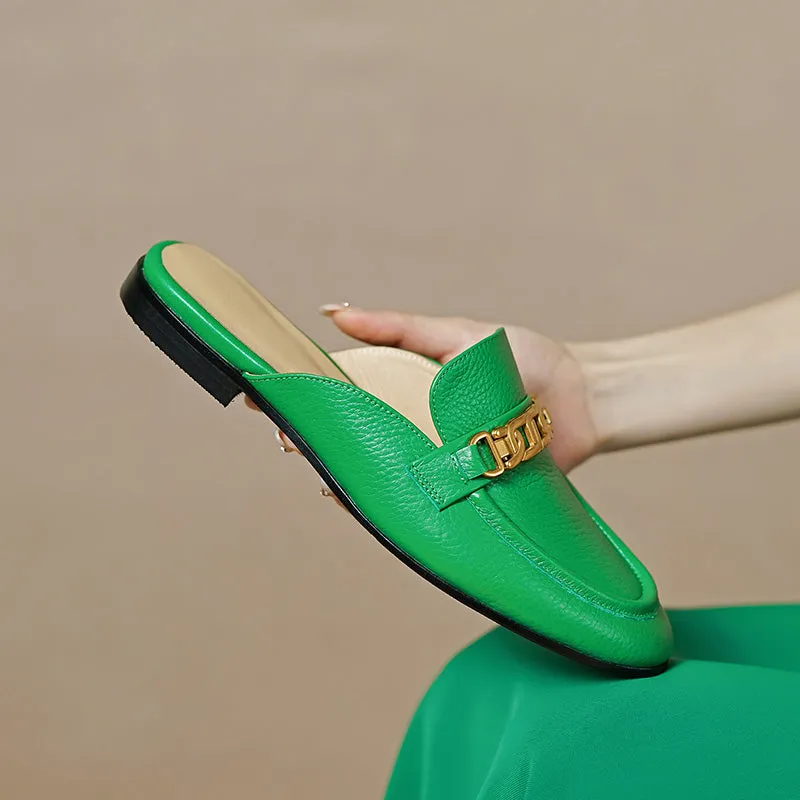 Eleni Green Leather Flat Mules