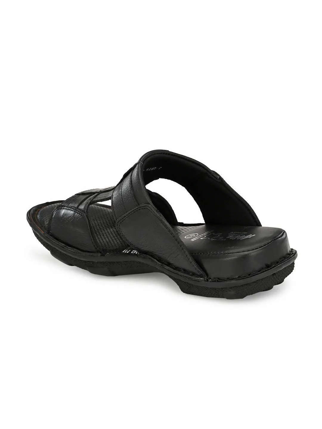 Hitz Men's Black Leather Open Toe Comfort Slippers