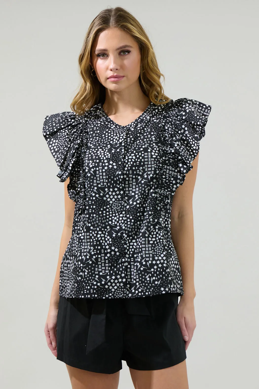 Larsa Onyx Geometric Vance Button Front Blouse