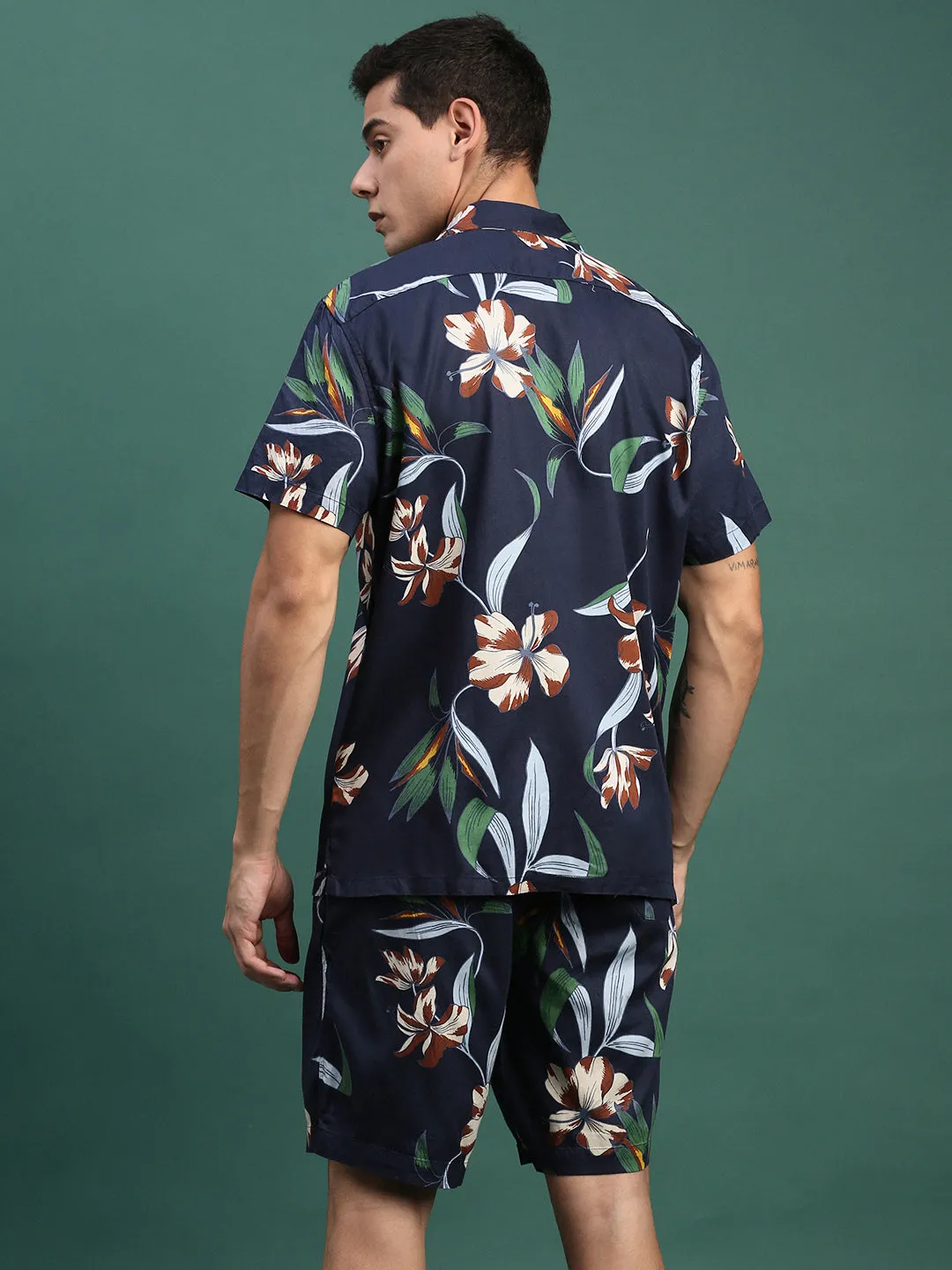 Men Printed Cuban Collar Navy Blue Relaxed Fit Co Ords Set