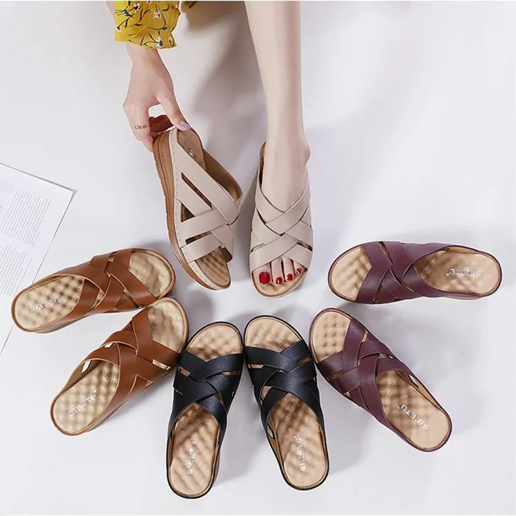 Women summer criss cross strap hollow massage slide wedge sandals