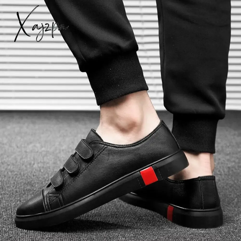 Xajzpa - Leather Casual Shoes Men Classic Paste Lace Up Flats Male Black Comfortable Fashion Walking Sneakers Men Breathable Flats Shoes