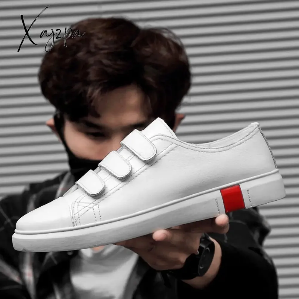 Xajzpa - Leather Casual Shoes Men Classic Paste Lace Up Flats Male Black Comfortable Fashion Walking Sneakers Men Breathable Flats Shoes